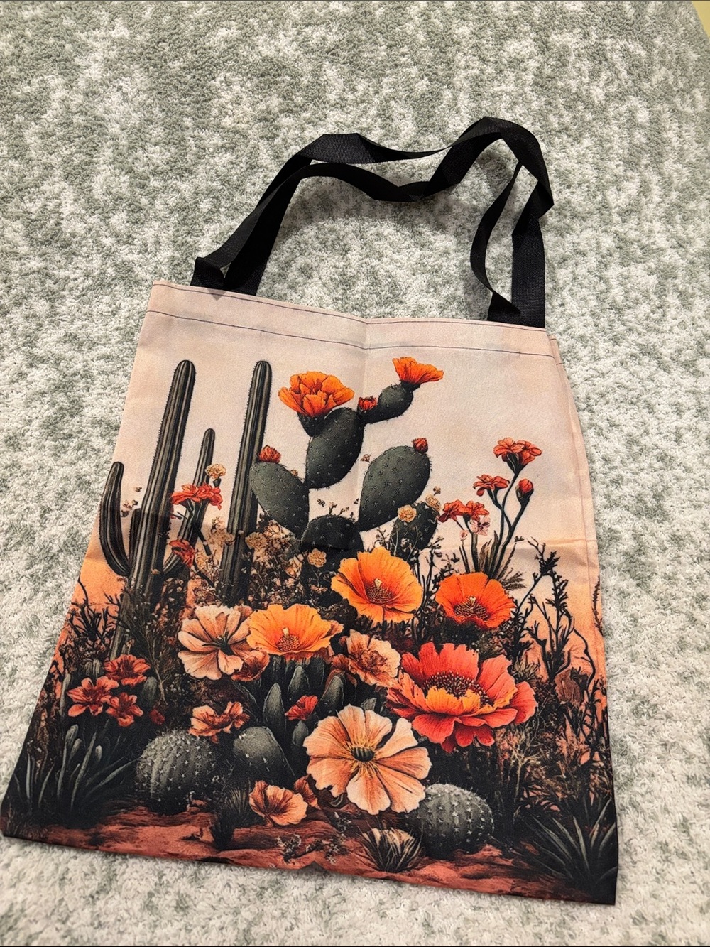 Desert Sunset Floral Cactus Poly Canvas Tote Bag NWT 13.25x15.25”